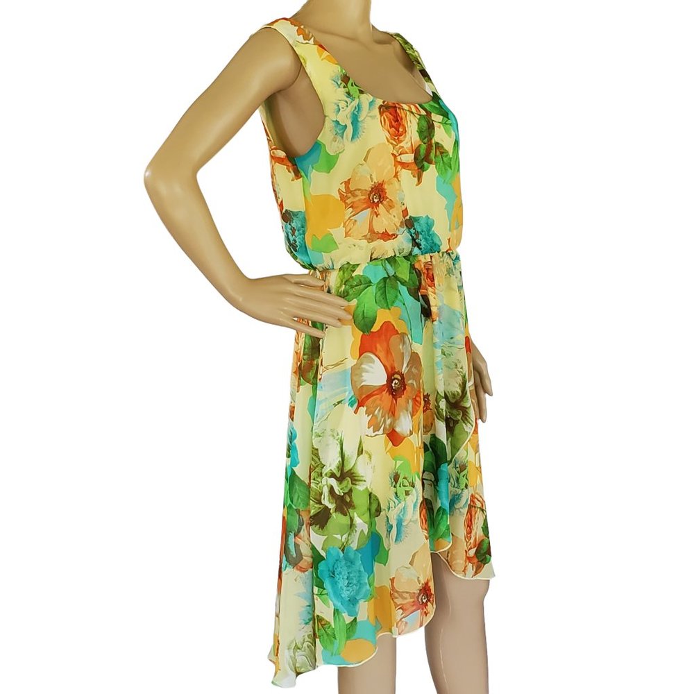 Floral Tomato Girl Sun Dress Women's M Hi Low Lined Sleeveless Yellow & Green